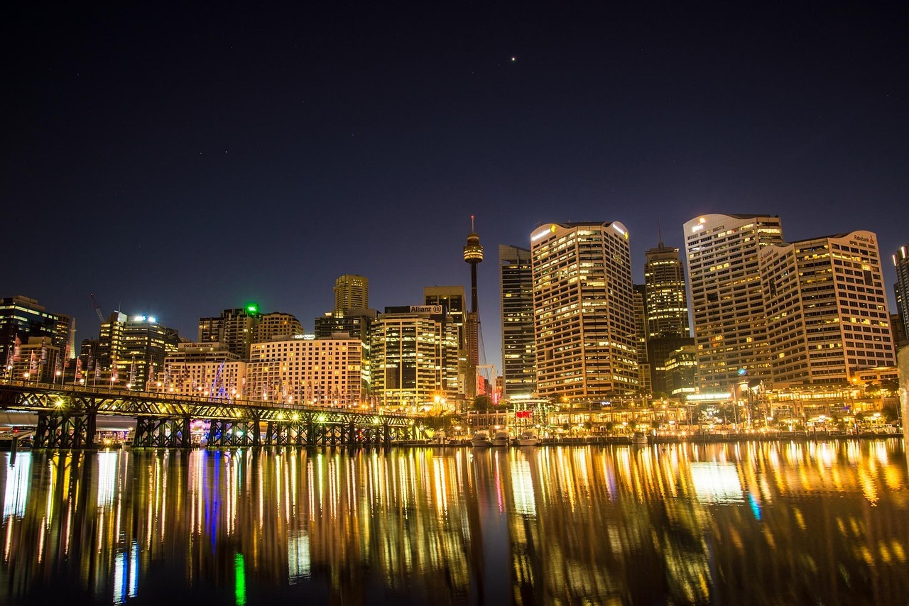 cityscape, illuminated, darling harbour, sydney, australia, city, skyline, buildings, high-rise, high-rise buildings, skyscrapers, harbor, waterfront, city lights, architecture, night, night lights, reflection, urban, metropolitan, sydney, sydney, australia, australia, australia, australia, australia